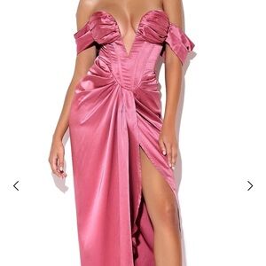 Xophia Mauve Pink Off Shoulder Satin Corset High Slit Dress